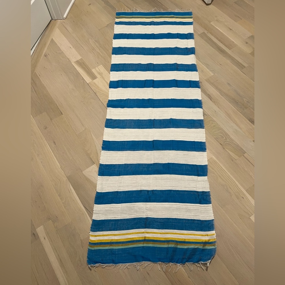 Blue and white stripe scarf  with colorful ends and  delicate fridge